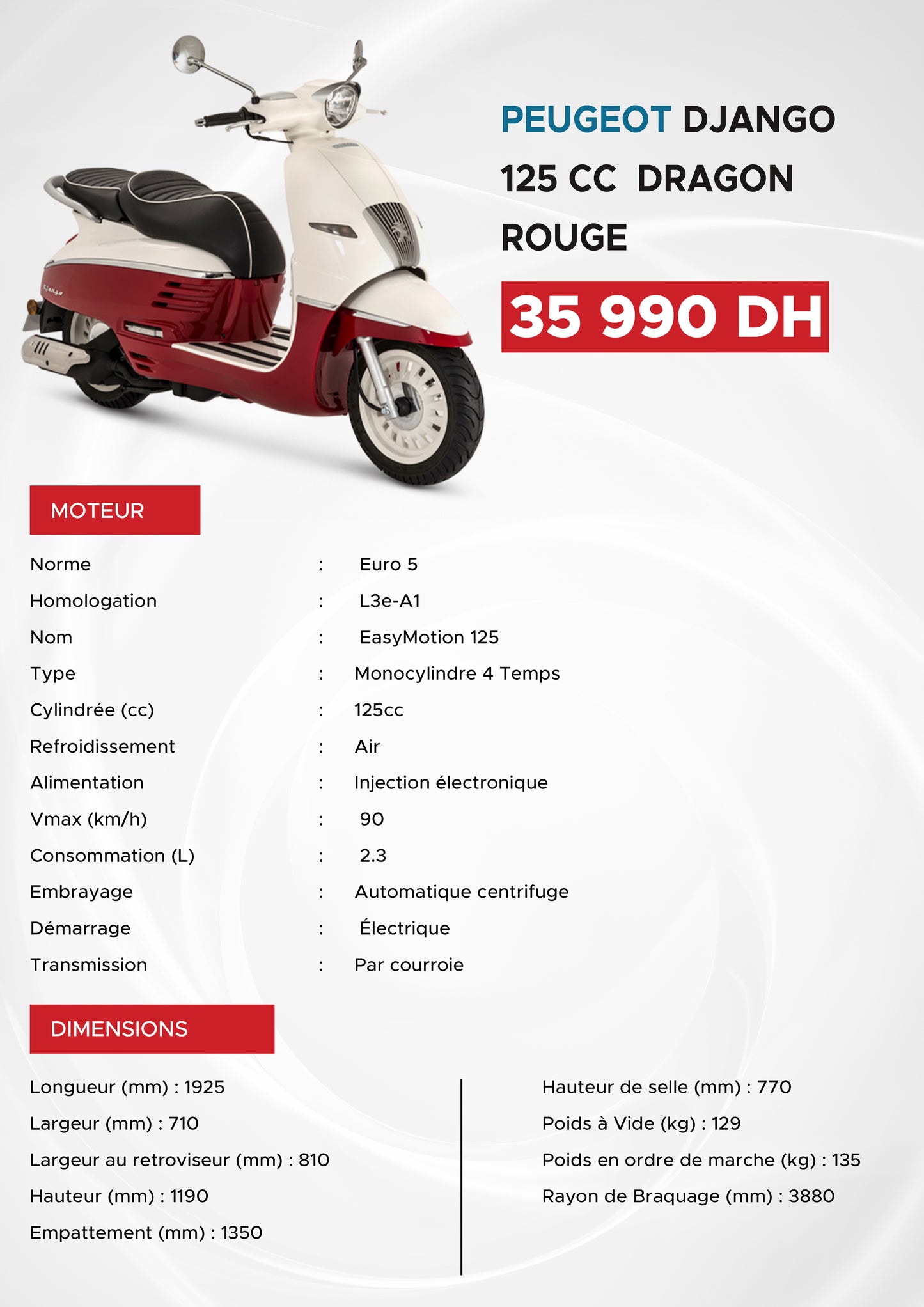 PEUGEOT DJANGO 125 cc - DRAGON RED (COOCASE "offert" + PARE BRISE "offert")