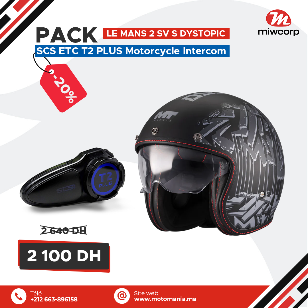 Pack MT LE MANS 2 SV S DYSTOPIC B12 MATT & SCS ETC T2 PLUS Motorcycle Intercom