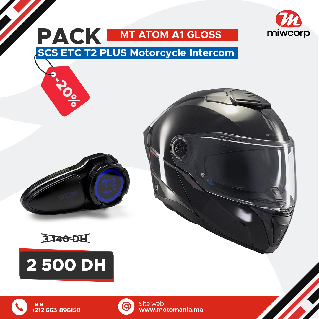Pack MT ATOM A1 GLOSS BLACK & SCS ETC T2 PLUS Motorcycle Intercom